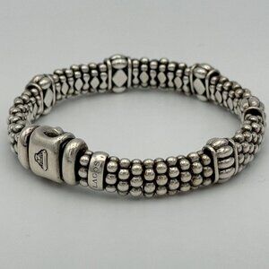 Lagos Caviar Fluted Sterling Silver 925 Beaded Buckle Bracelet 9mm Black as Sz M